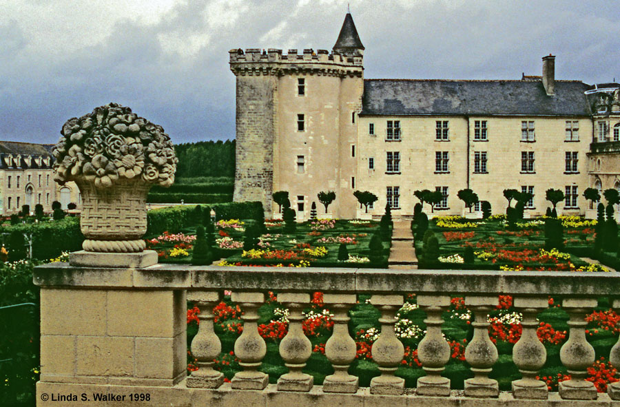 Gardens at Villandry Chateau under stormy skies, Loire Valley, France