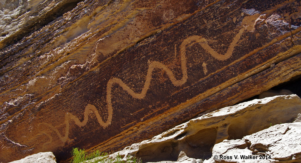 This snake petroglyph at Molen Reef, Utah, is eight feet long.