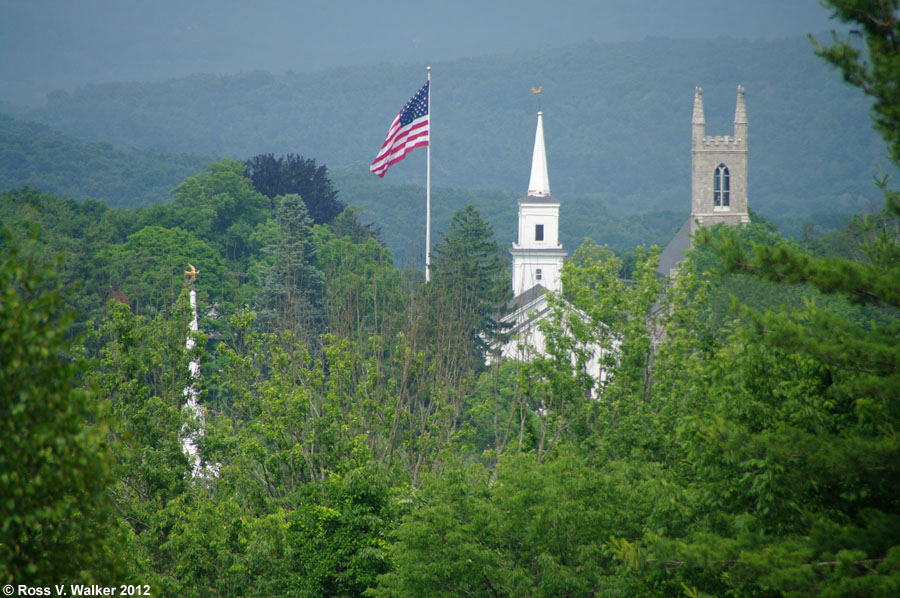 Flag and church steeples from Castle Hill, Newtown, Connecticut