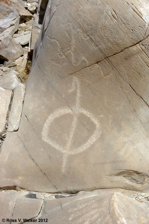 Atlatl petroglyph on marble, or a shepherd's staff. Swansea, California