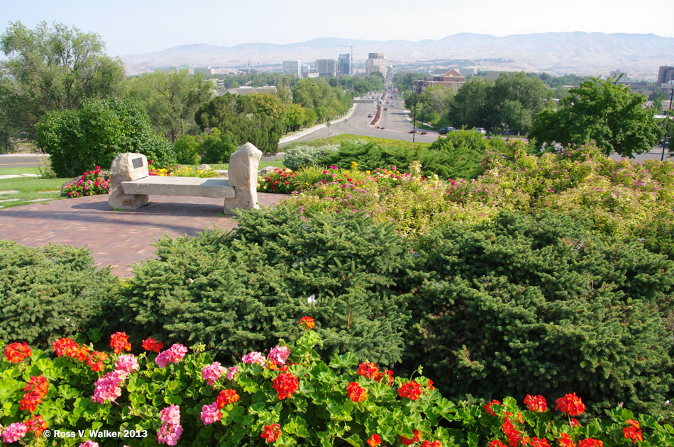 Capitol Boulevard from the gardens at the old train depot, Boise, Idaho
