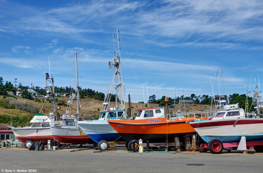 Fishing boats on dollies at Port Orford, Oregon