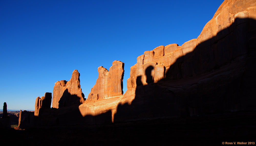 Shadows on Park Avenue in late afternoon light, Arches National Park, Utah