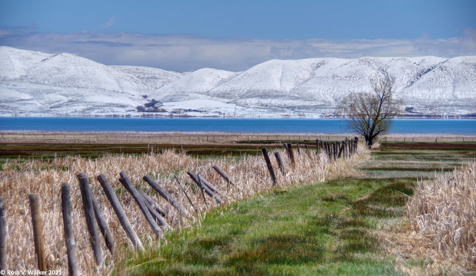 Spring snow blankets the hills east of Bear Lake, as seen from St Charles, Idaho