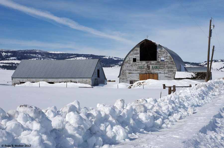 Gable and arch style barns at the Crazy LB Ranch in Sharon, Idaho