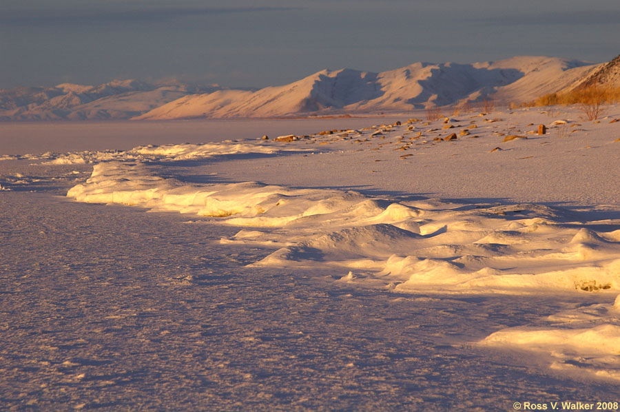 Ice along the Bear Lake, Utah, shore at First Point glows in the setting sun.