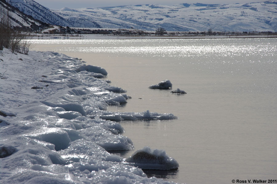 Waves on the shore at Cisco Beach create mounds of ice at Bear Lake, Utah