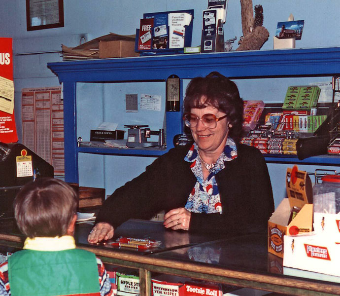 Nina Stephens Sorenson at her store and Post Office, Ovid, Idaho, 1982