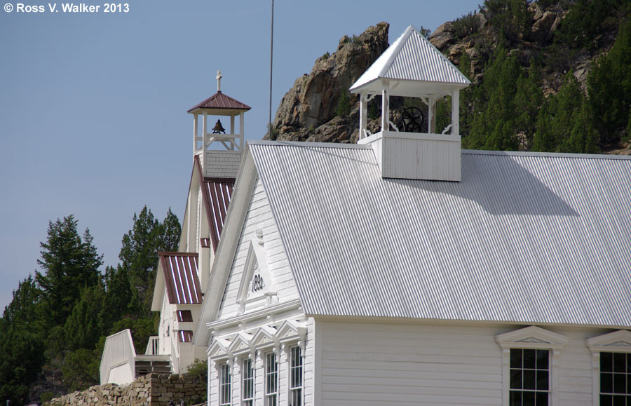 Bell towers of the Catholic church and Standard school, Silver City, Idaho
