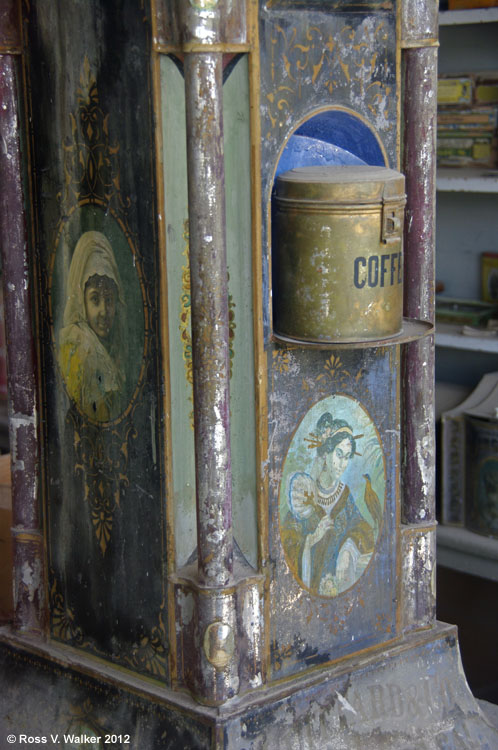 Coffee display and detail in the window of the Boone store, Bodie, California
