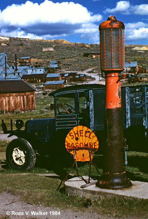 Gas pump and 1937 Dodge truck, Bodie, California