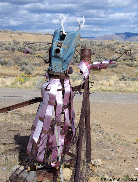 Creature made of metal and antlers at Tuscarora, Nevada