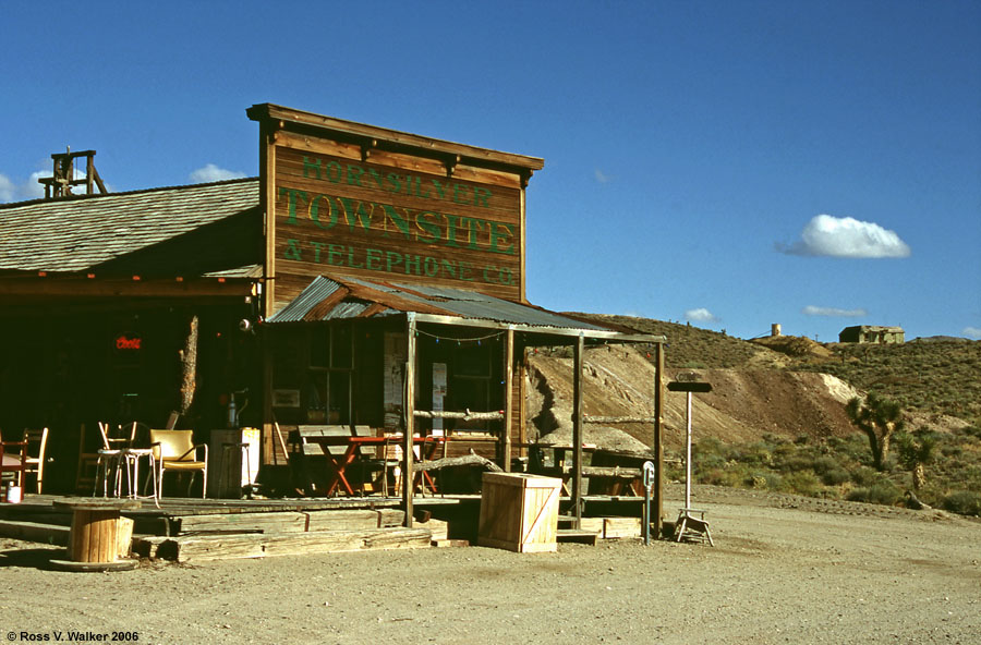 The sign on the saloon reads Hornsilver Townsite & Telephone Co.