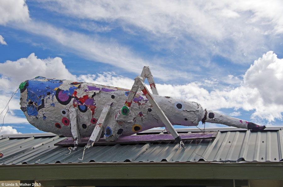 A giant grasshopper greets visitors to Tuscarora, Nevada