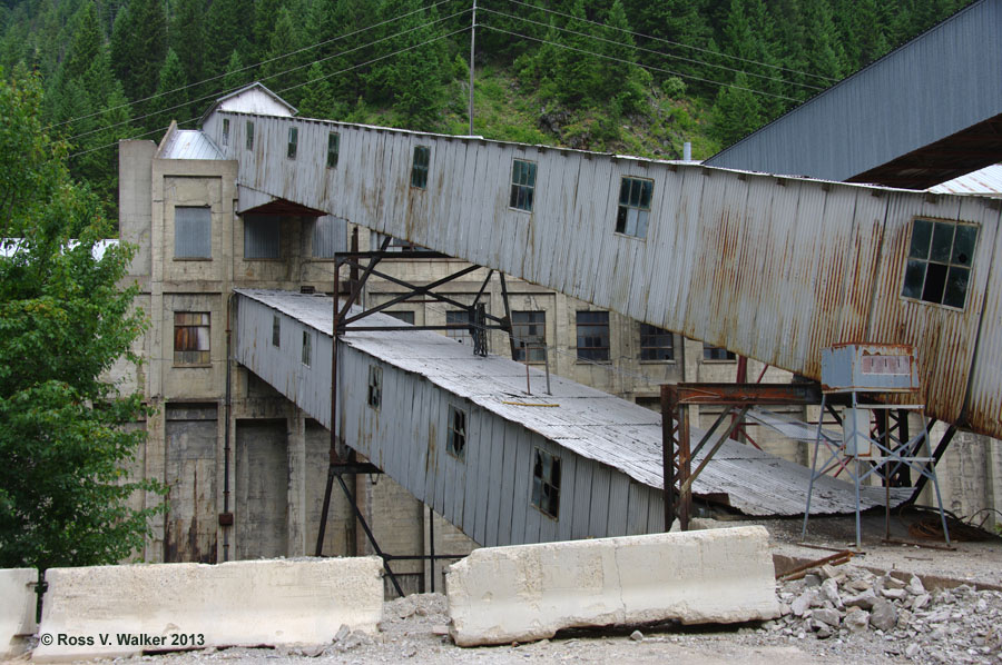 Catwalks connect the upper compound with the concrete tower at Burke, Idaho