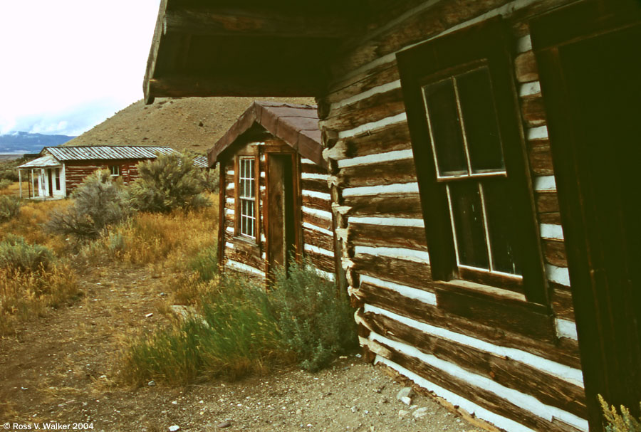 A leaning cabin in a row of log homes, Bannack, Montana