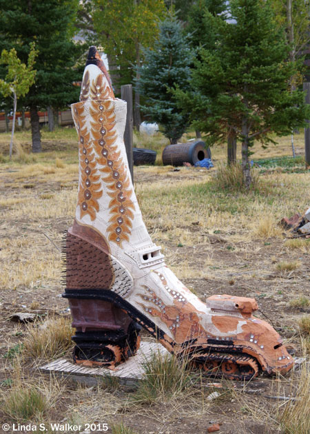 Giant art shoes decorate the town at Tuscarora, Nevada.
