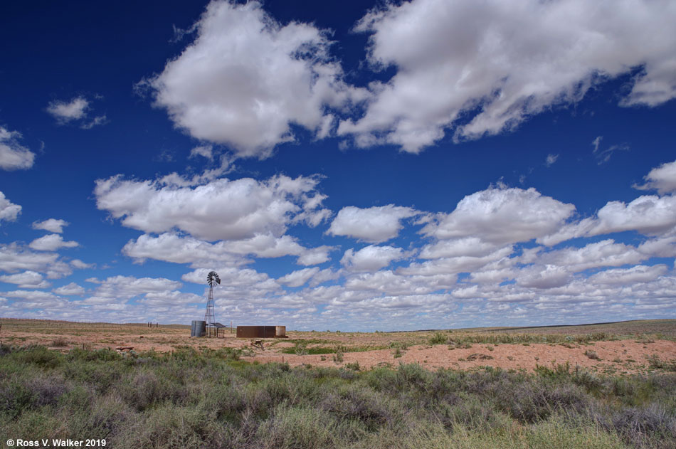 An isolated windmill in the desert along route 180 near Hunt, Arizona