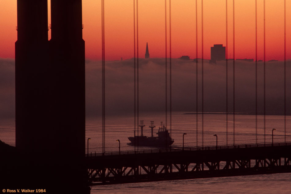 The Golden Gate Bridge at sunrise on New Years Day, seen from Marin Headlands
