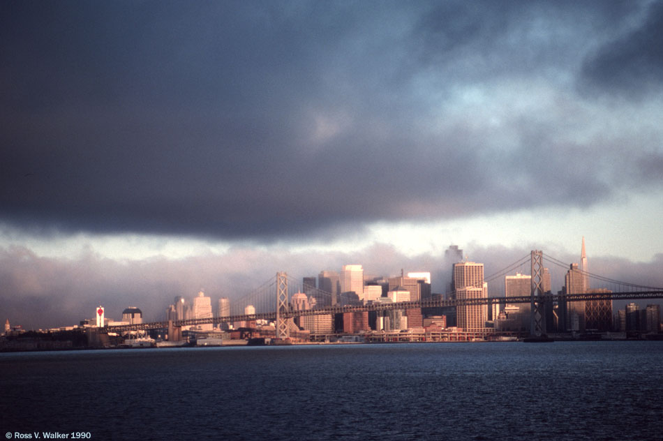 San Francisco lit by morning sunlight, seen from the ferry from Alameda.