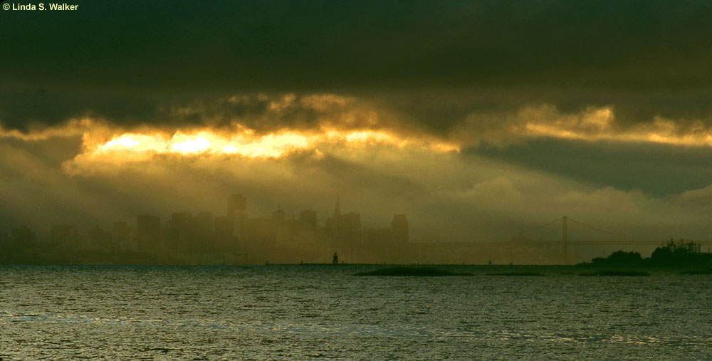 Misty sunset view from Alameda toward San Francisco, California