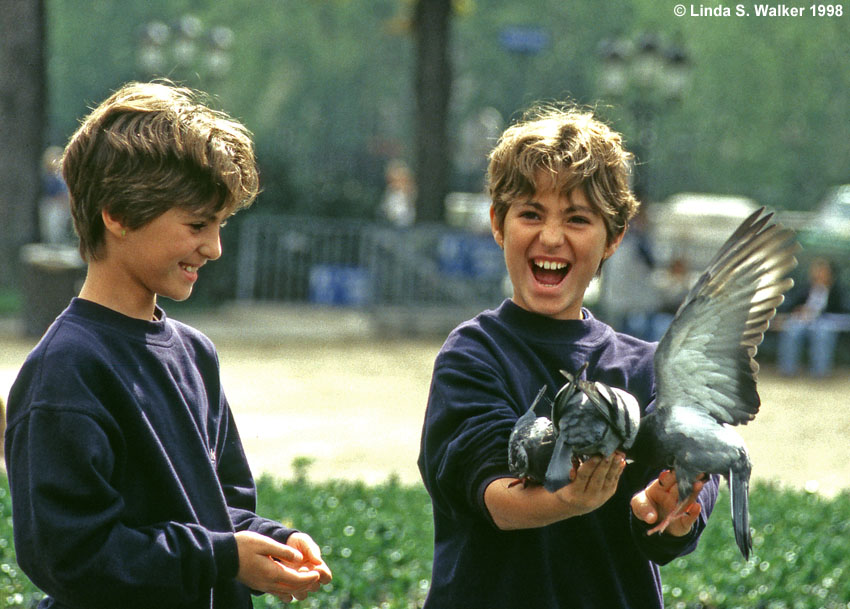 Twins Feeding Pigeons, Notre Dame, Paris, France