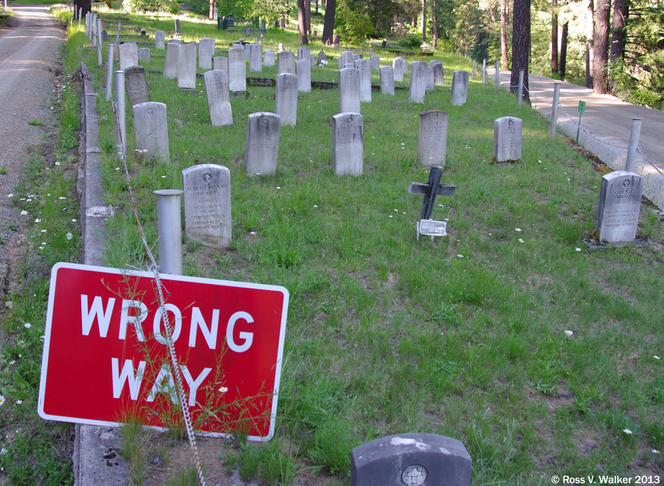 Wrong Way sign at the cemetery at Wallace, Idaho
