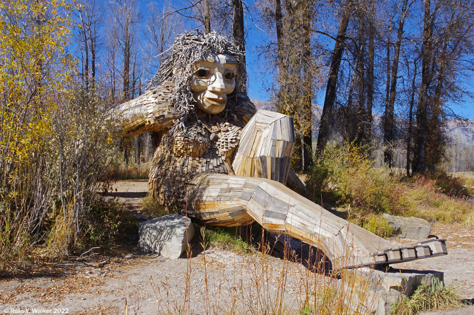 Mama Mimi is a troll made from recycled wood in Jackson Hole, Wyoming