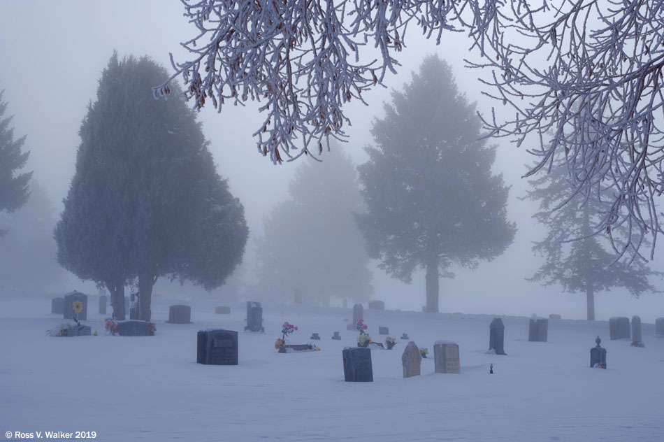 Cemetery in winter fog, Montpelier, Idaho