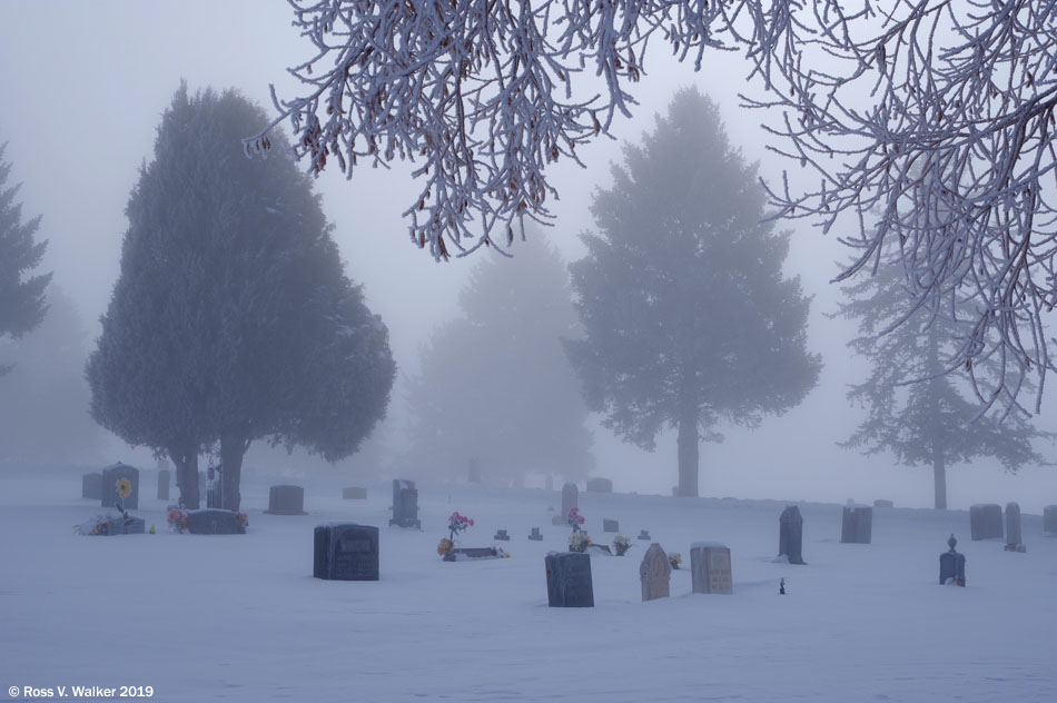 Cemetery in winter fog, Montpelier, Idaho