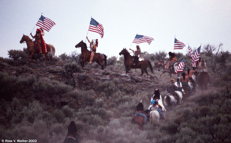 Oregon Trail Pageant finale at dusk, Banks Valley near Montpelier, Idaho