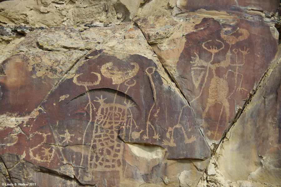 Horned anthropomorph petroglyphs were a symbol of power. Legend Rock, Wyoming