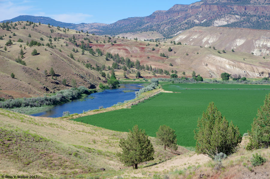 The John Day River passing between hills and fields at Twickenham, Oregon
