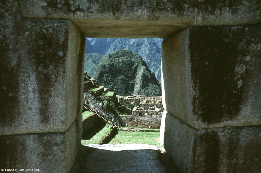 Ruins through window, Machupicchu, Peru