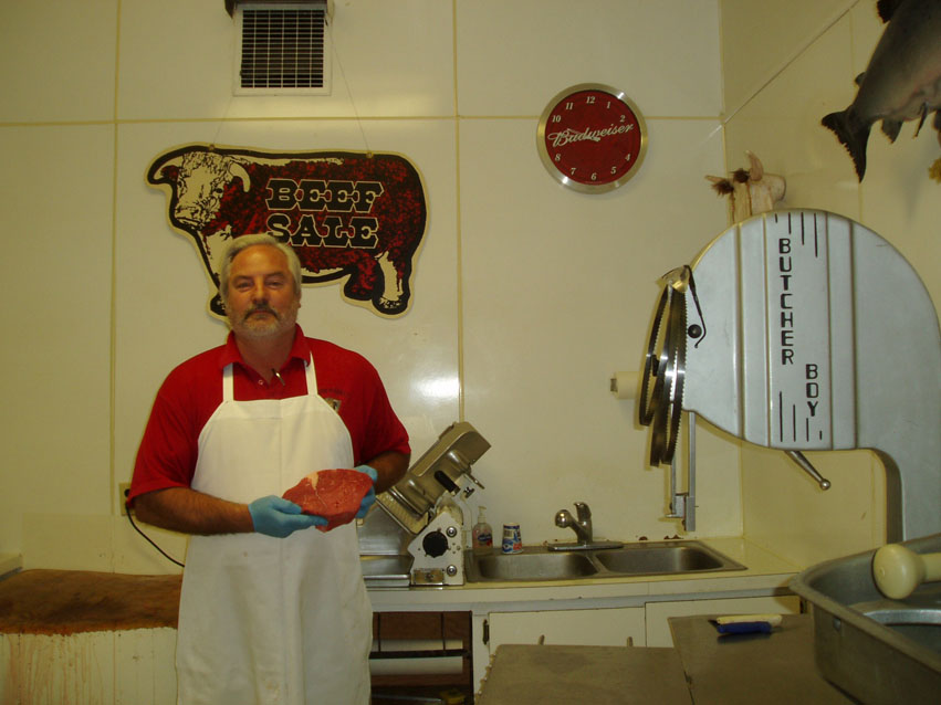 Mike Jensen, the butcher at Jensen's Market, Montpelier, Idaho