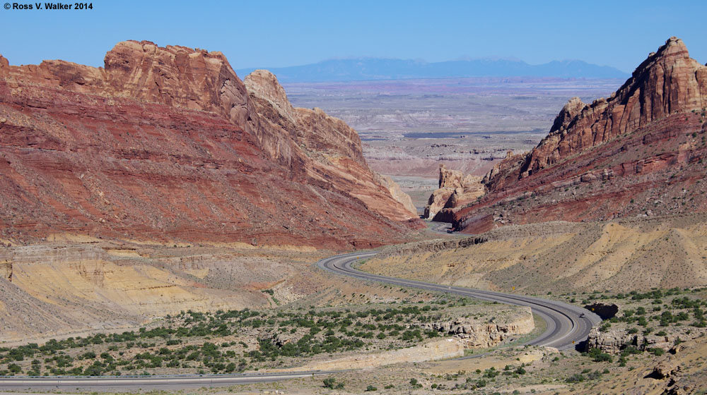 I-70 drops off the San Rafael Reef at Spotted Wolf Canyon near Green River, Utah