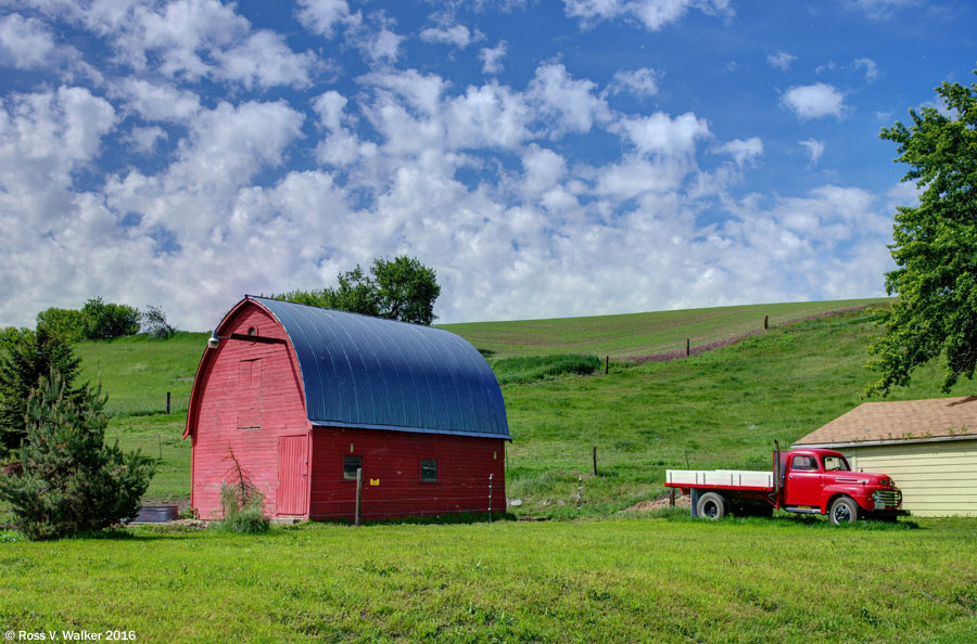 Barn and matching classic Ford truck, Uniontown, Washington