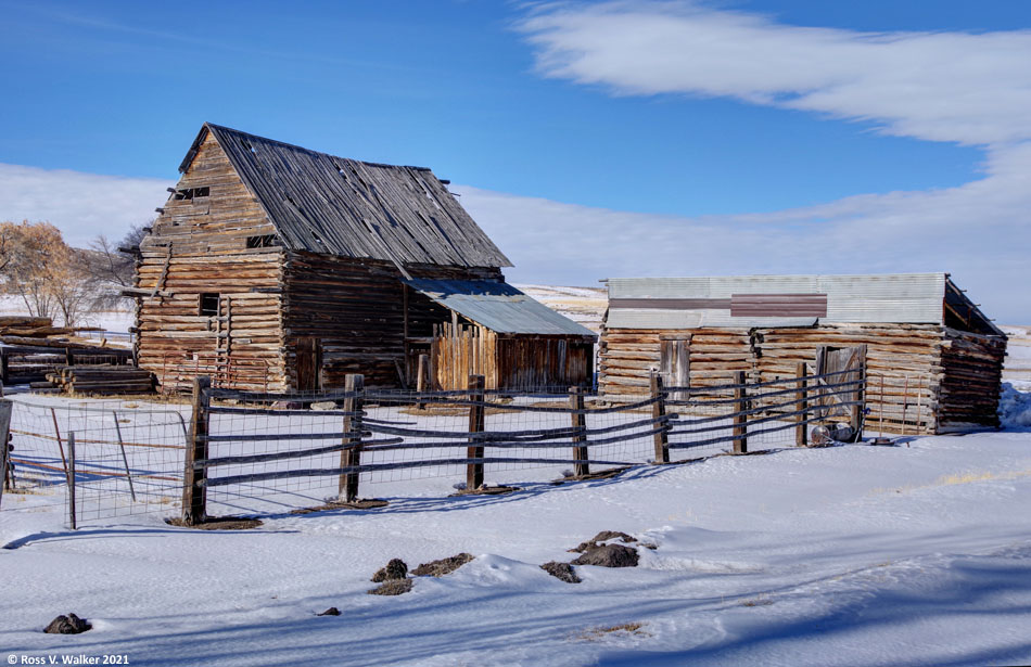 Two old log barns in Bloomington, Idaho 