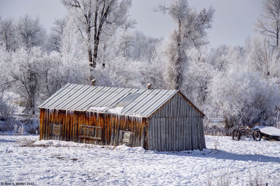 A barn made of vertical logs on a frosty morning in Dingle, Idaho