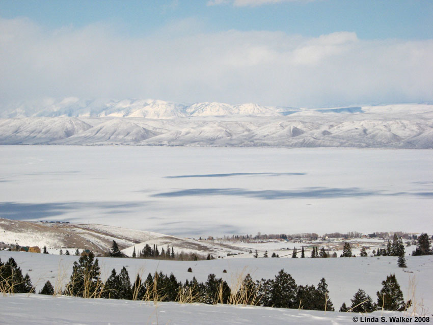 Bear Lake iced over, from the Logan Canyon Overlook, Utah.