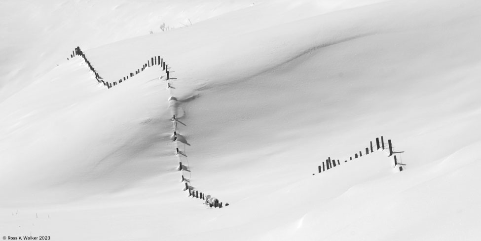 A fence snakes over drifted hills in Salt Creek Canyon, Wyoming