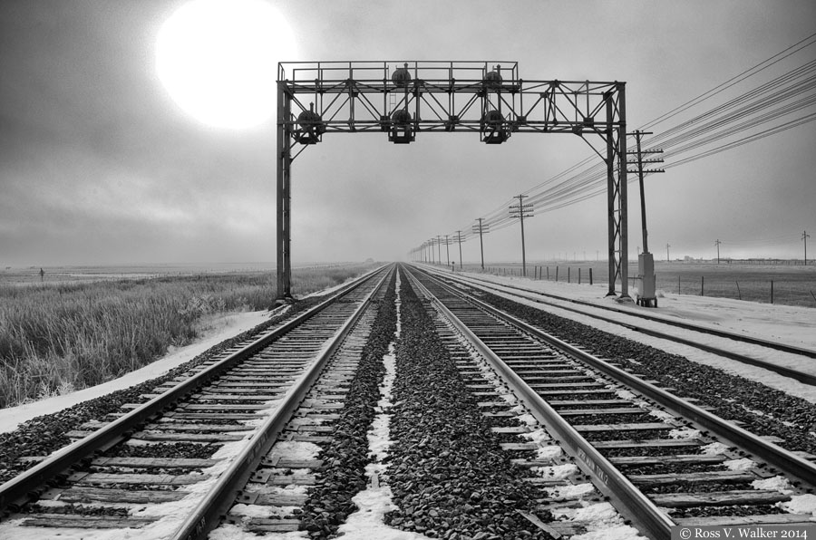 Railroad tracks disappearing into the fog near Montpelier, Idaho