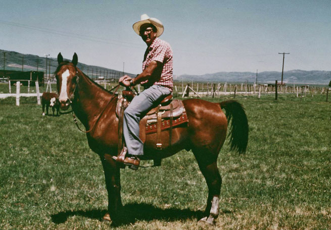 Don Stephens riding his horse, Montpelier, Idaho - 1979