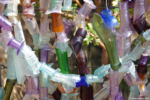 Broken bottles decorate fences in Tuscarora, Nevada