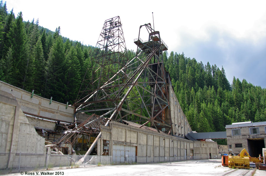 The  headframe of the Hecla mining complex, inside the compound at Burke, Idaho.