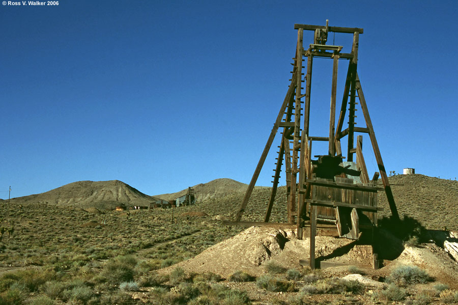 Headframe and mining area in the hills above Gold Point, Nevada