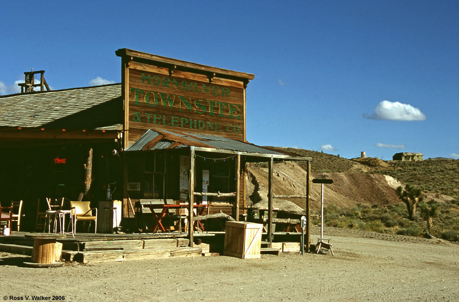 The sign on the saloon reads Hornsilver Townsite & Telephone Co.