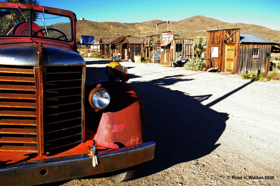 Fire truck and shacks, Gold Point, Nevada