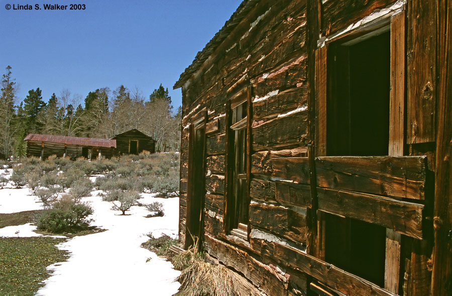 Cabin wall and building, Miner's Delight, Wyoming