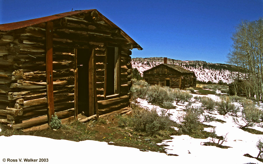 Three cabins along the main street through Miner's Delight, Wyoming